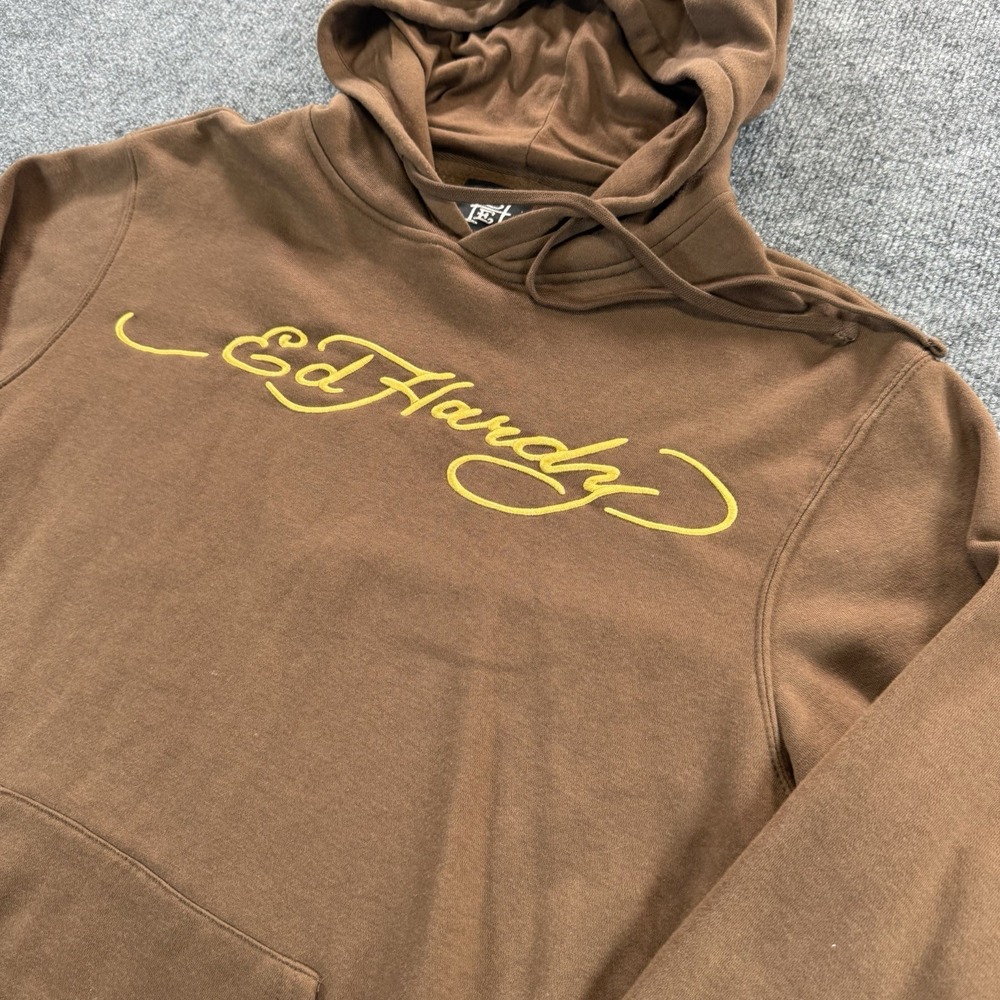 Ed Hardy Men Hoodie Large Brown Graphic Fleece Logo Spellout Pullover Drawstring
